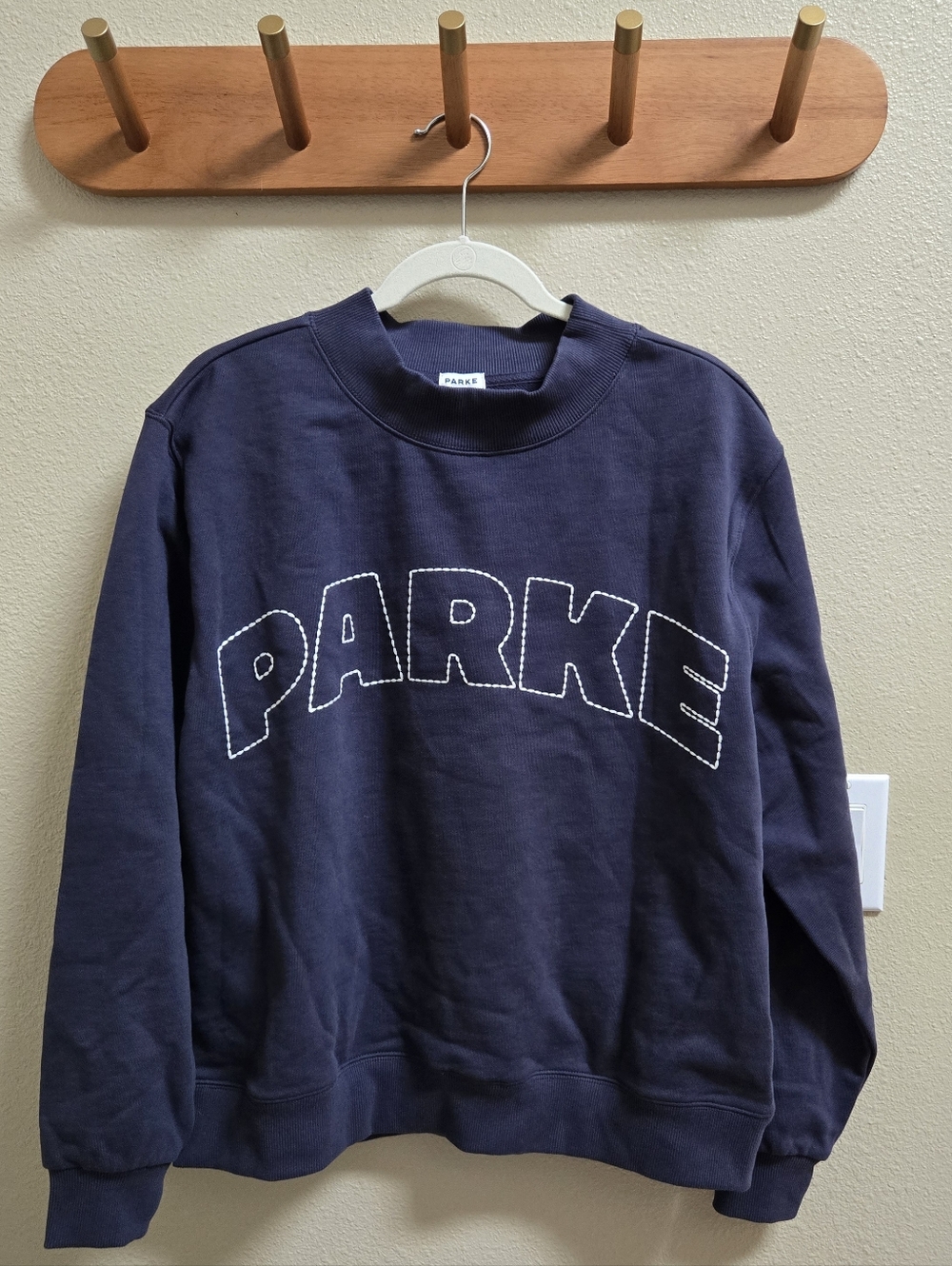 Parke x Target Womens Mockneck Pullover Varsity Sweatshirt Navy Blue S/M NWT